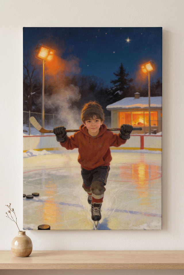 Evening Rink Hockey Portrait stretched gallery-wrap canvas on the wall