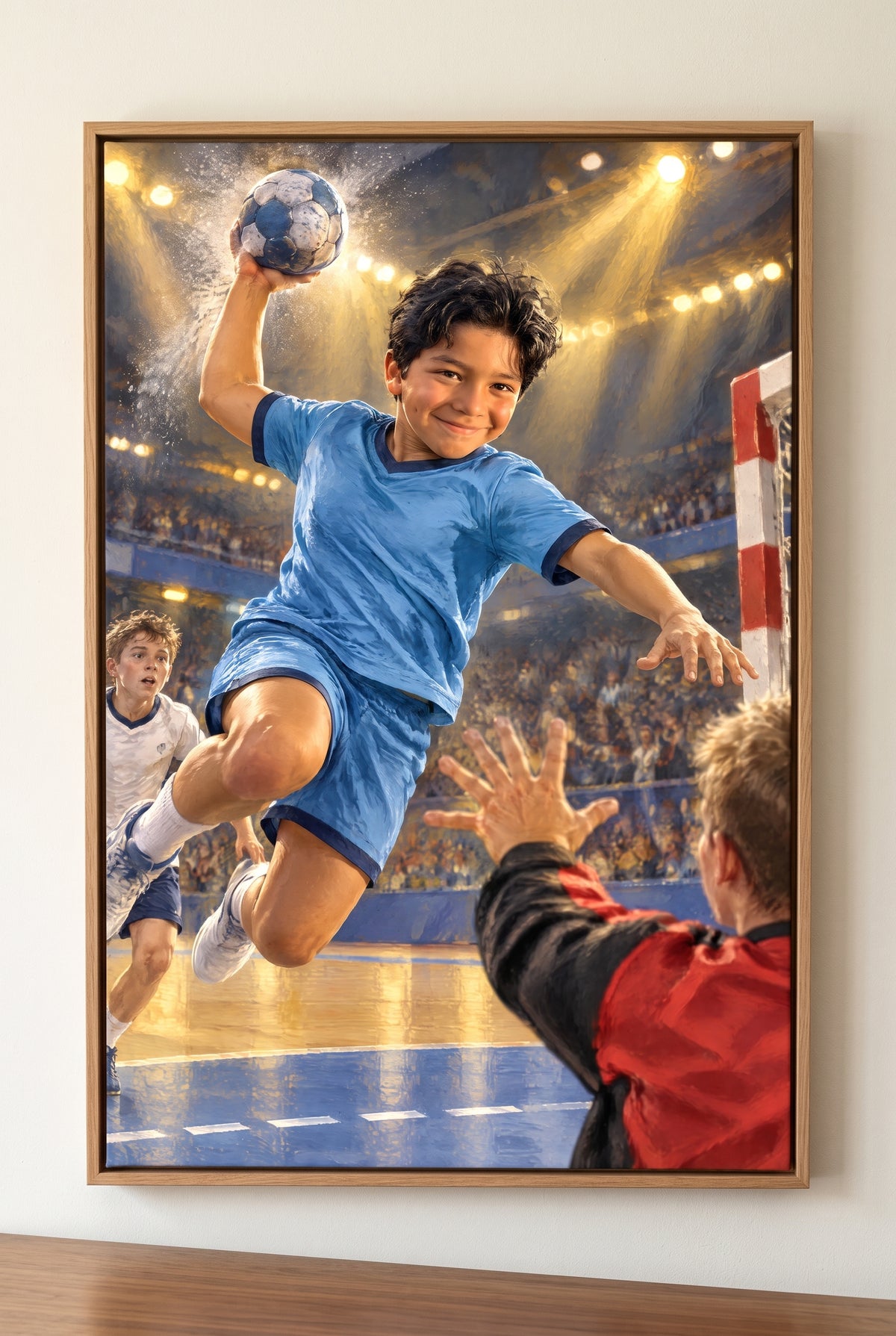 Team Handball Sky Leap Portrait floater-framed canvas on the wall