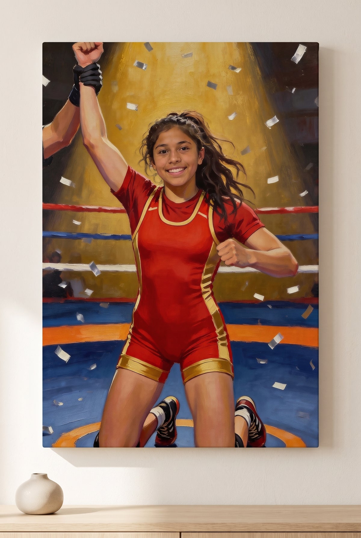 Wrestling Champion Portrait stretched gallery-wrap canvas on the wall