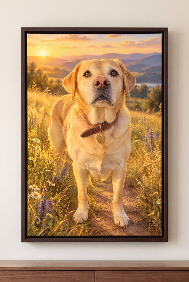 Golden Meadow Pet Portrait floater-framed canvas on the wall