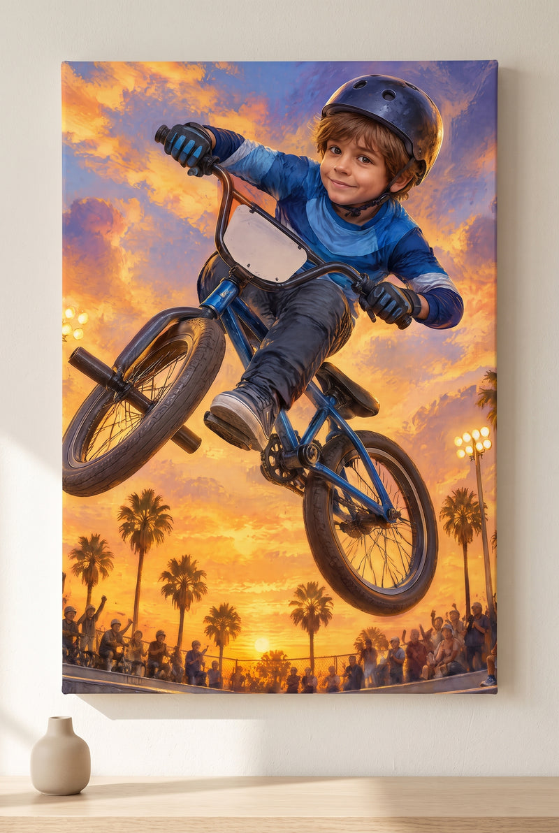 Freestyle BMX Air Trick Portrait - stretched canvas on the wall