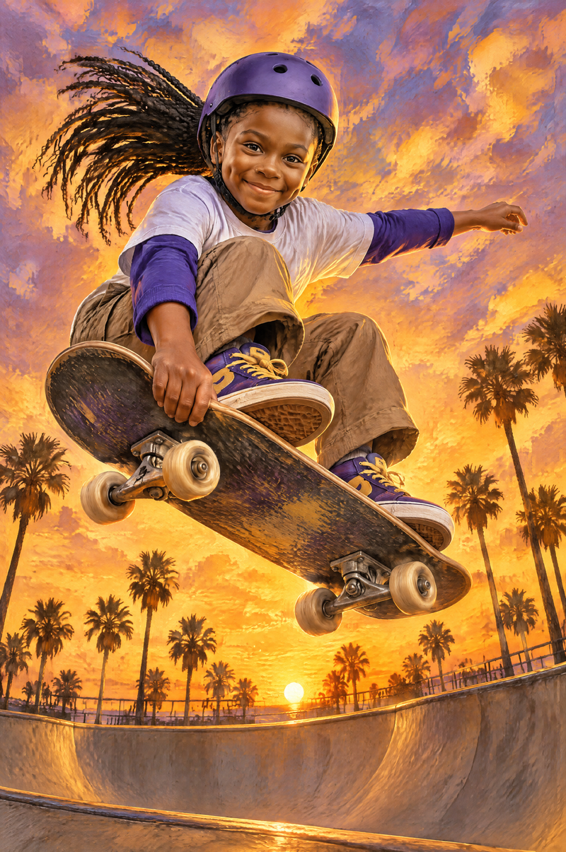 Skateboarding Sunset Bowl Air Portrait girl skater in imperial purple and athletic gold flat artwork
