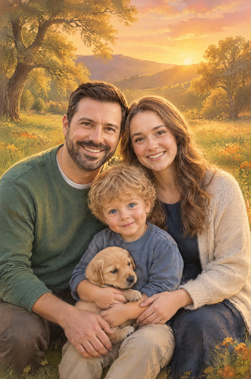 Together in Golden Light Portrait parents and young son united in golden meadow light flat artwork