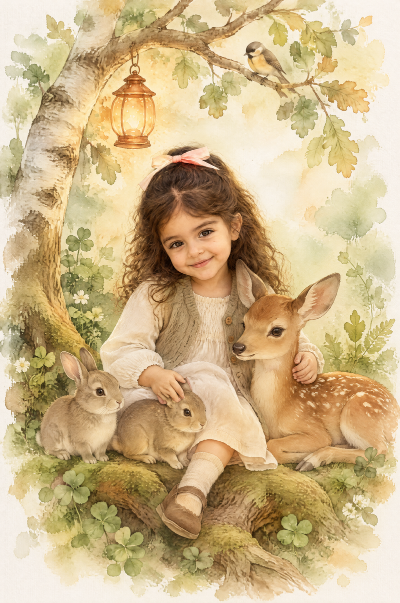 Enchanted Lantern Woodland Portrait soft light watercolor edition flat artwork