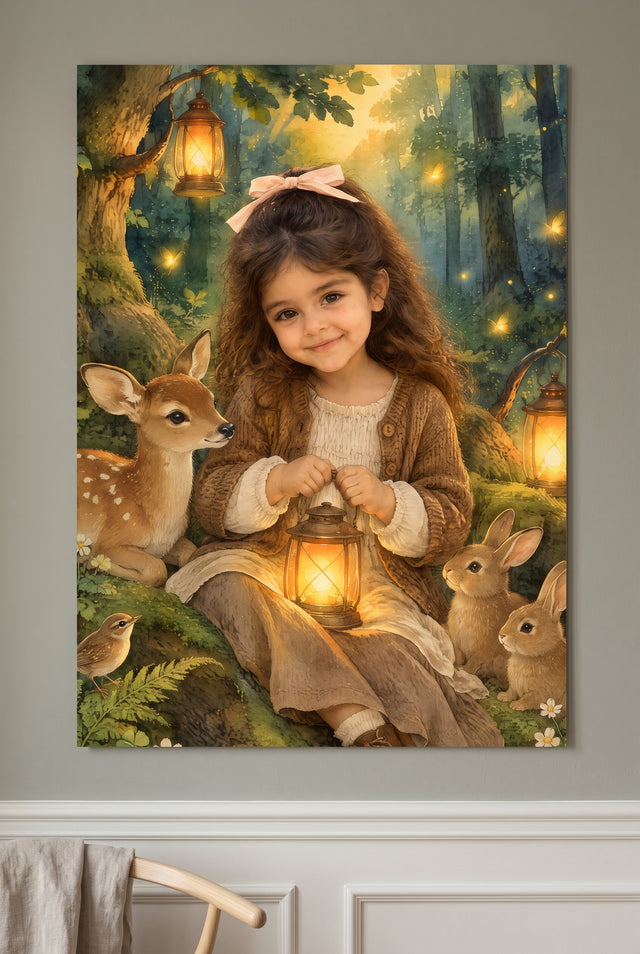 Enchanted Lantern Woodland Portrait - archival matte paper print on the wall