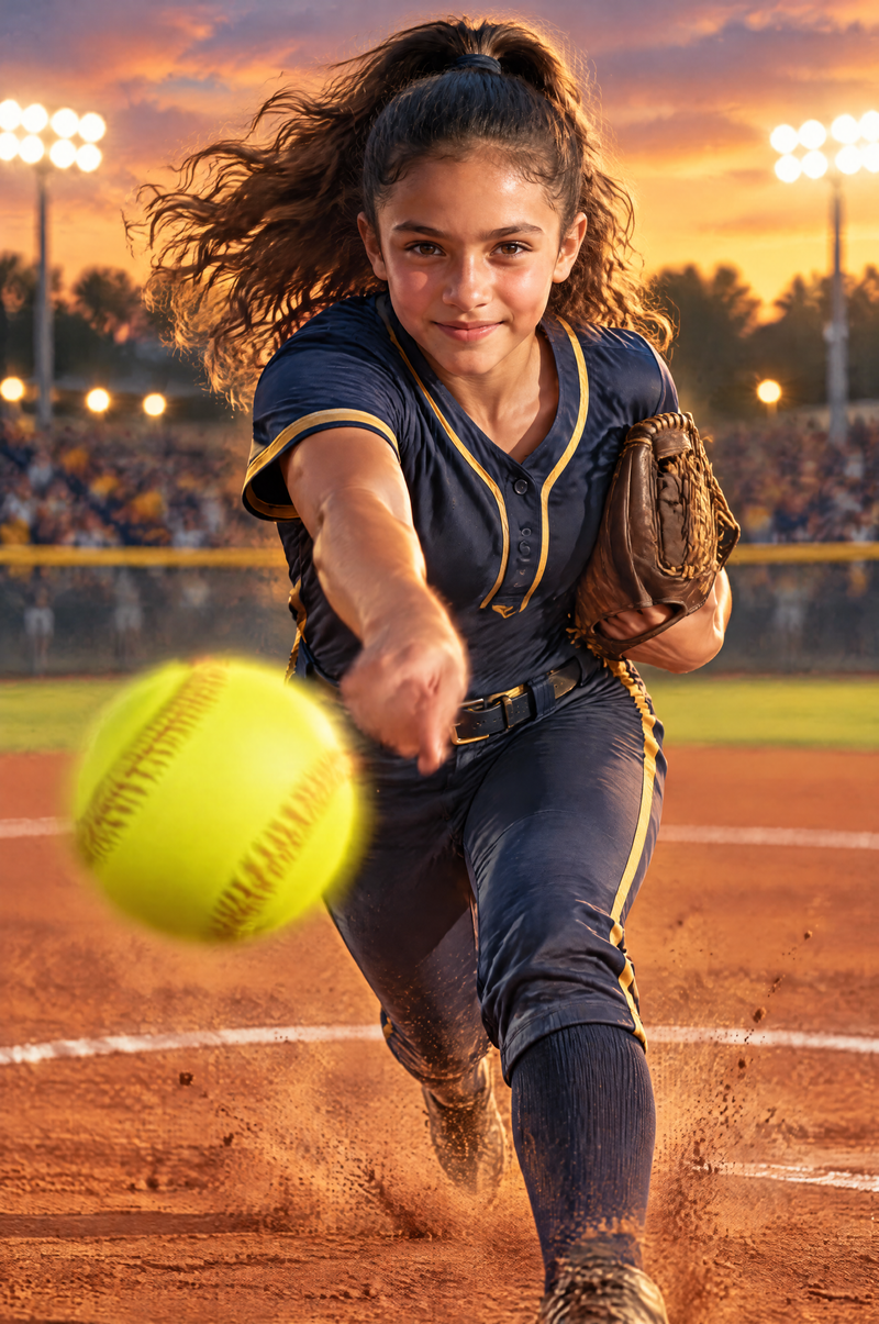 Softball Championship Strike Portrait teen pitcher in dynamic championship windup flat artwork