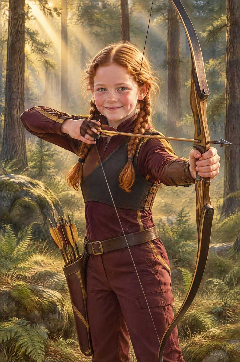 Archery Golden-Forest Full Draw Portrait girl archer in deep burgundy and athletic gold flat artwork