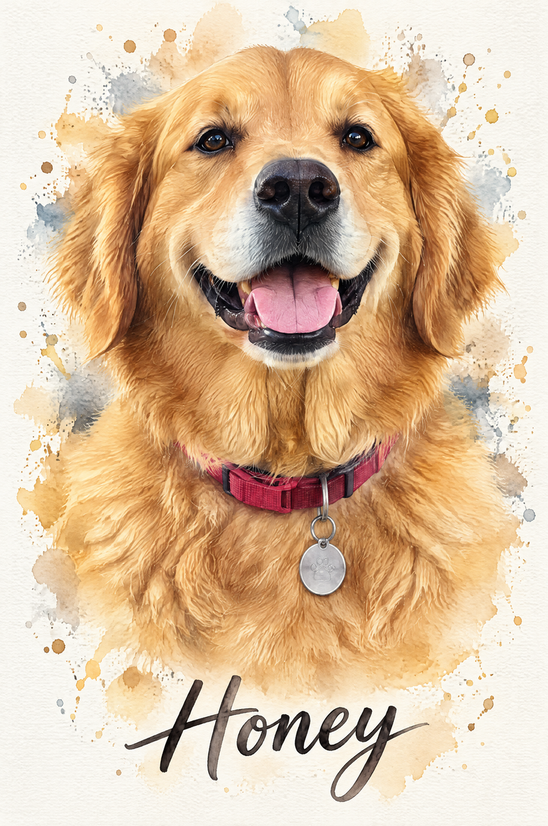 Pet Photo Watercolor Splatter Portrait flat artwork made from an example photo