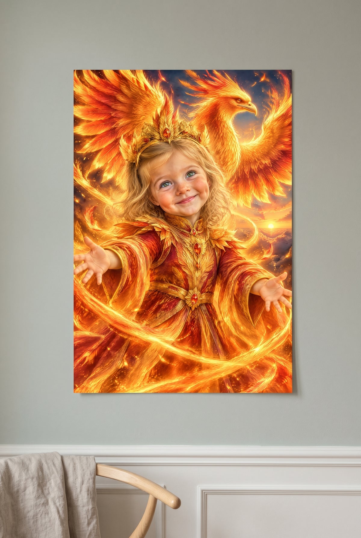 Phoenix Firebird Portrait unframed fine-art paper print on the wall