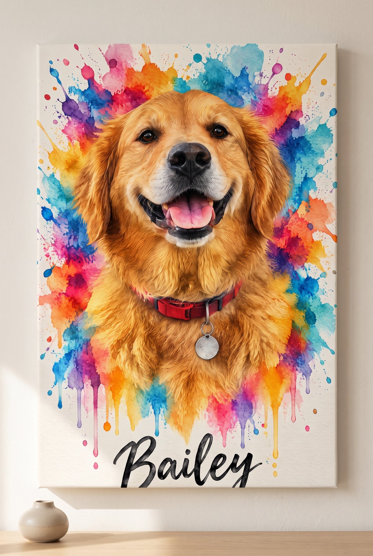 Vibrant Pop-Splash Pet Watercolor Portrait stretched gallery-wrap canvas on the wall