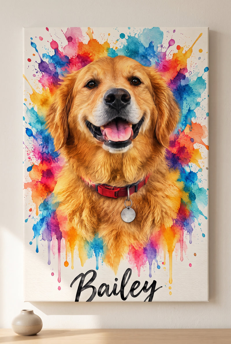 Vibrant Pop-Splash Pet Watercolor Portrait stretched gallery-wrap canvas on the wall