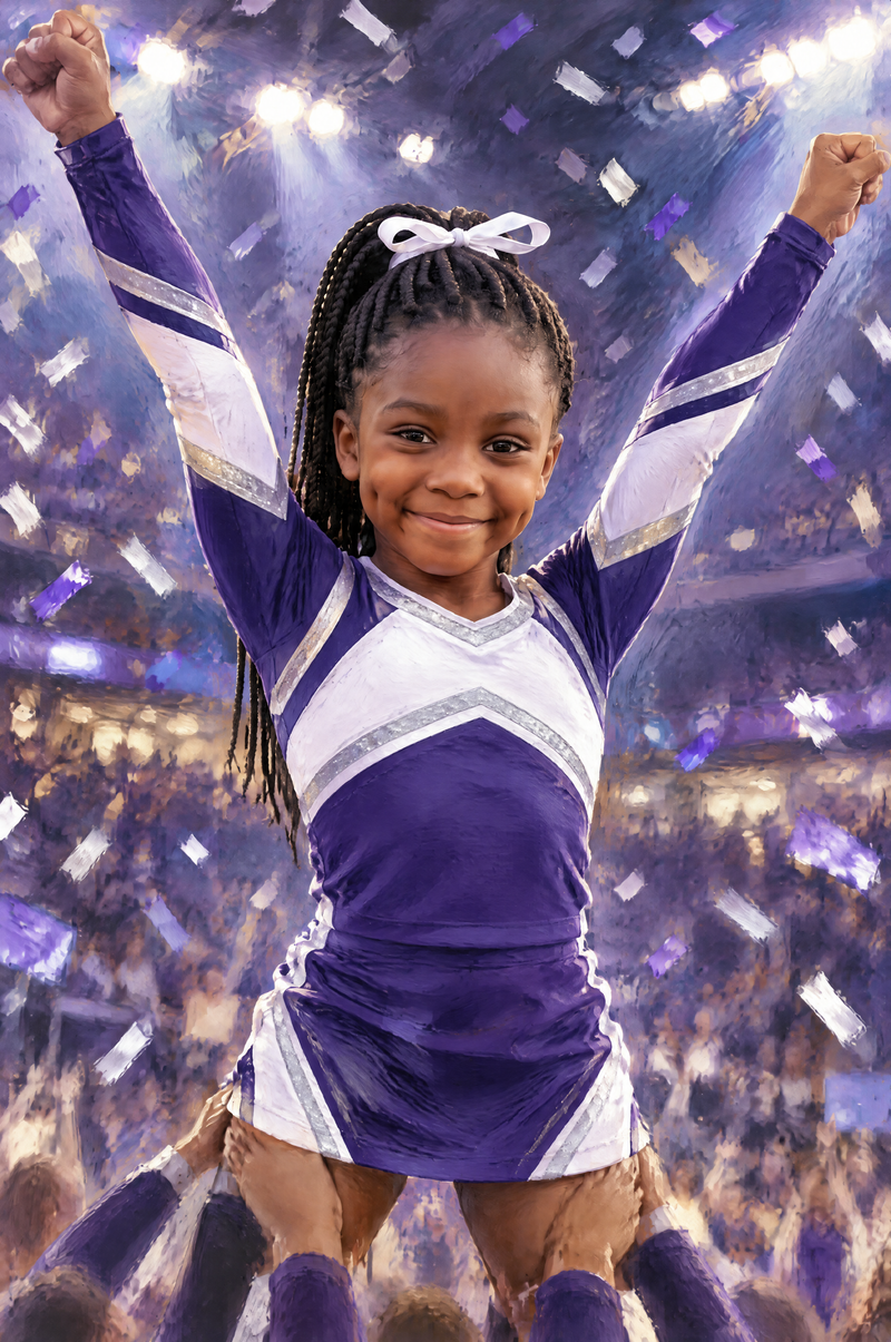 Cheer Champion Portrait young cheerleader at top of arena championship stunt flat artwork
