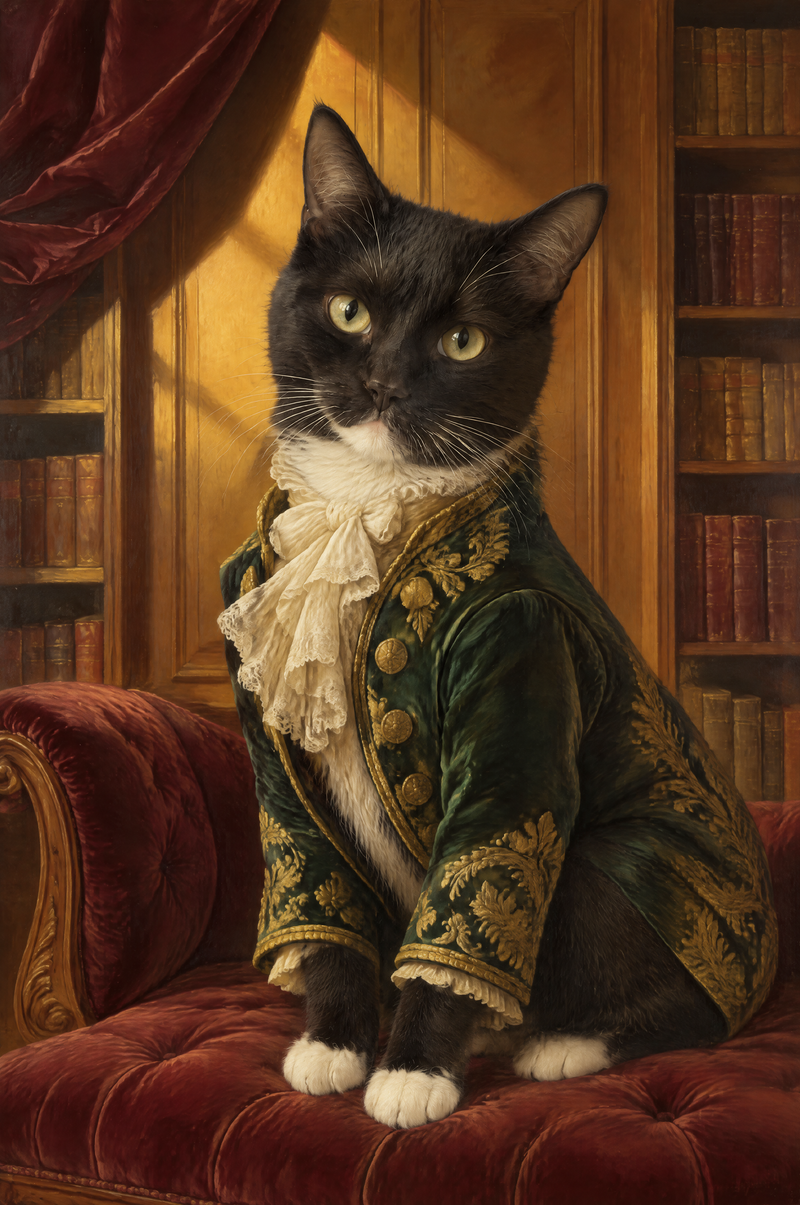 Noble Manor Oil Pet Portrait regal tuxedo cat in velvet aristocrat coat flat artwork