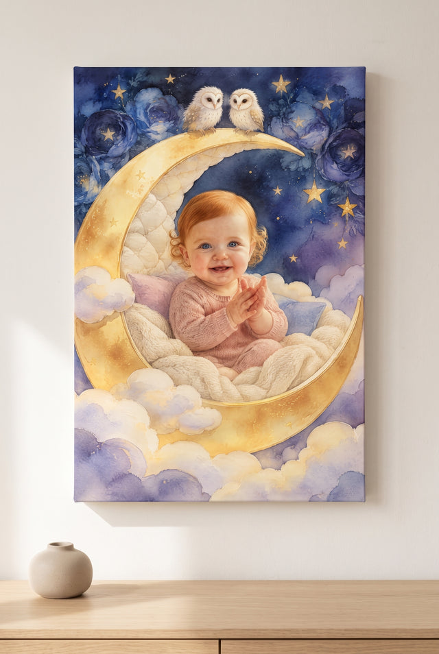 Sleeping Crescent Moon Cradle Portrait - Vivid stretched gallery-wrap canvas on the wall