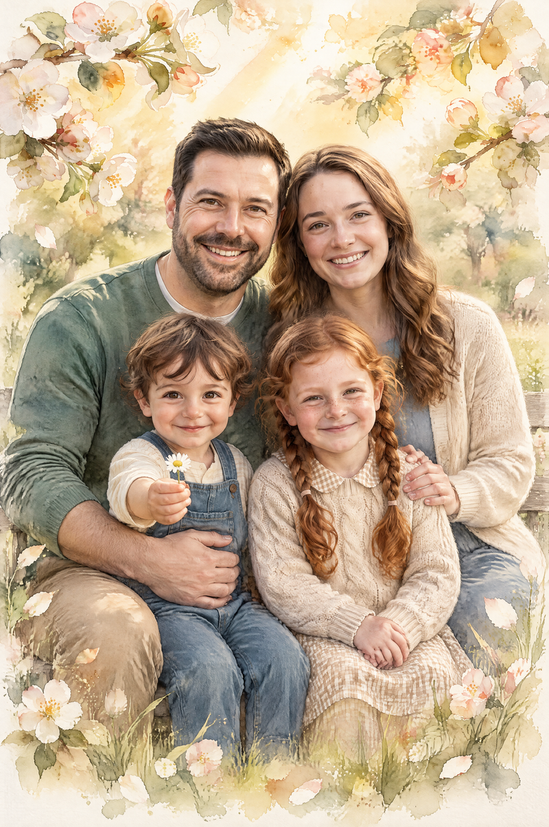 Sunlit Orchard Family Gathering Portrait soft light watercolor edition flat artwork