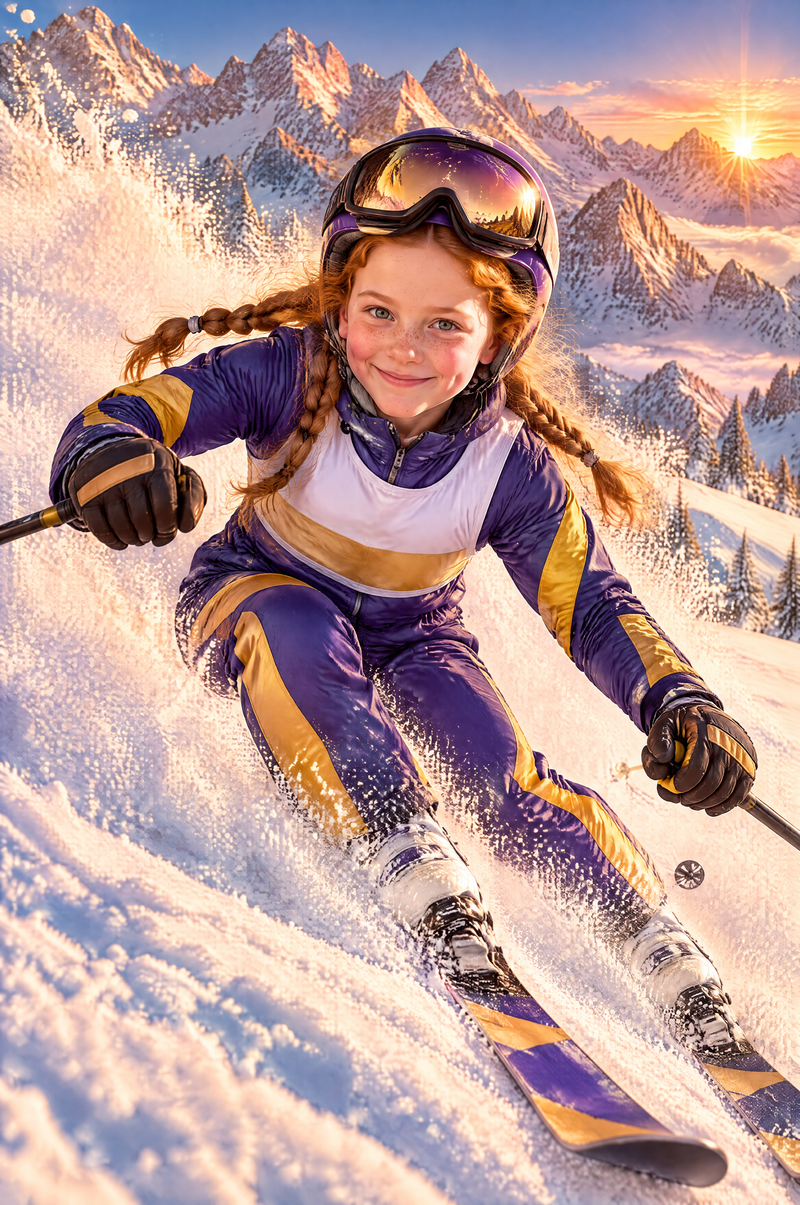 Alpine Ski Alpenglow Carve Portrait flat artwork made from an example photo