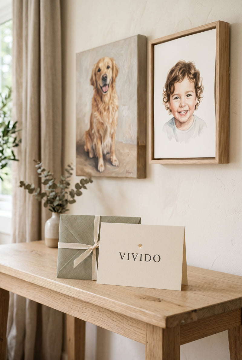 Vivido Gift Card for custom portrait wall art on stretched canvas, floating frame or archival matte paper