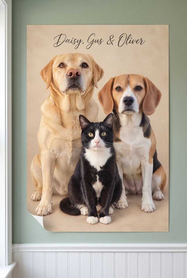 Modern Fine-Art Realism Multi-Pet Dog and Cat Portrait in Warm Linen Cream with Script lettering on fine-art print