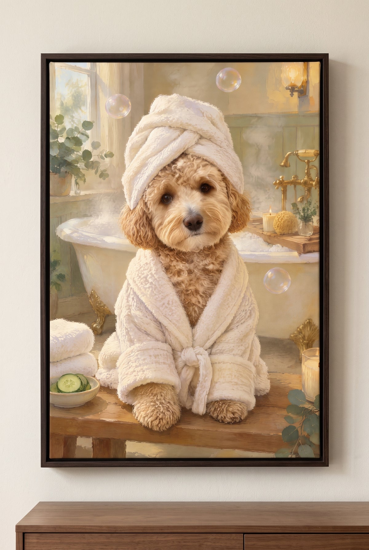 Spa Day Bathrobe Pet Portrait floater-framed canvas on the wall