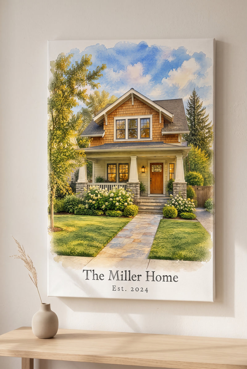 Custom Home Watercolor Keepsake stretched gallery-wrap canvas on the wall