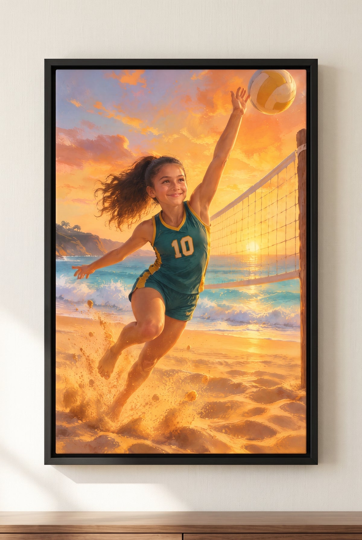 Pacific Sunset Beach Volleyball Portrait floater-framed canvas on the wall