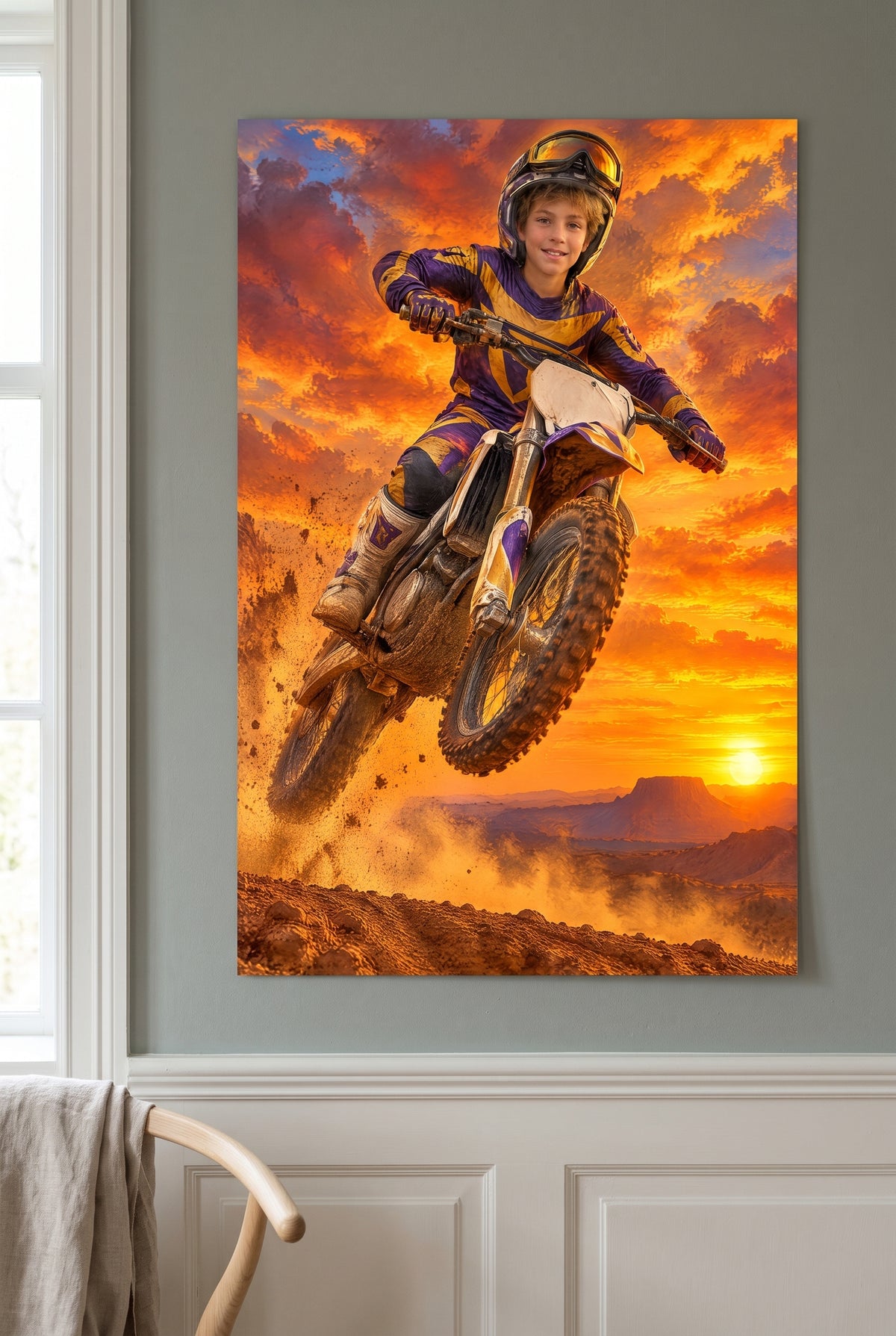 Motocross Sky-High Sunset Portrait unframed fine-art paper print on the wall