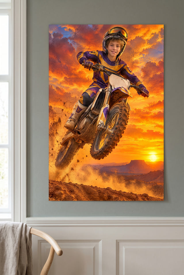 Motocross Sky-High Sunset Portrait unframed fine-art paper print on the wall