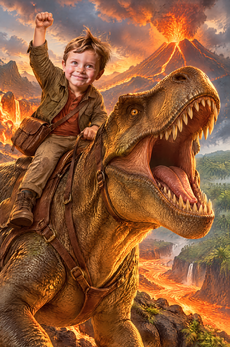 Dinosaur Rider Portrait roaring T-Rex volcano cliff leap second edition flat artwork
