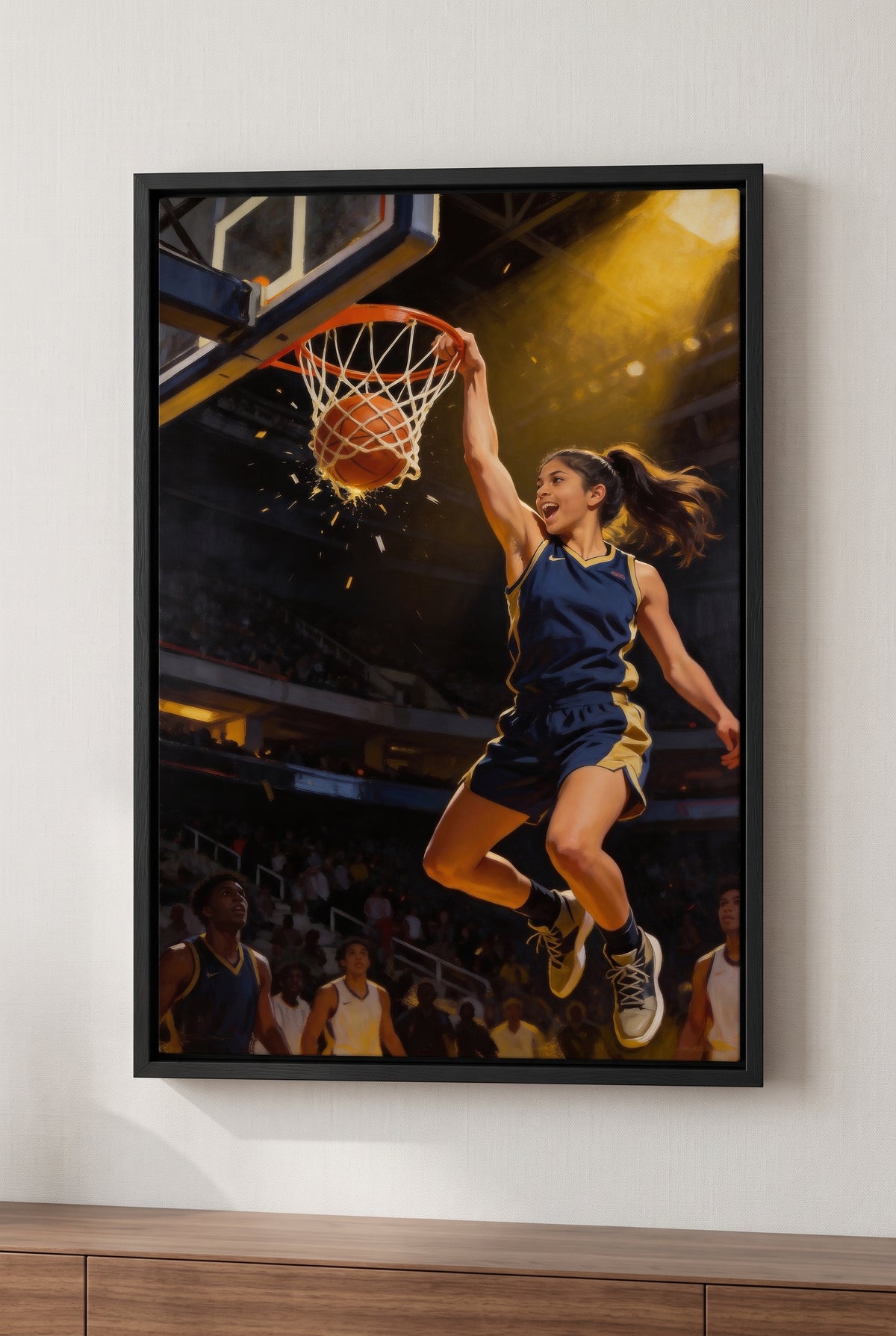 Basketball Slam Dunk Portrait floater-framed canvas on the wall