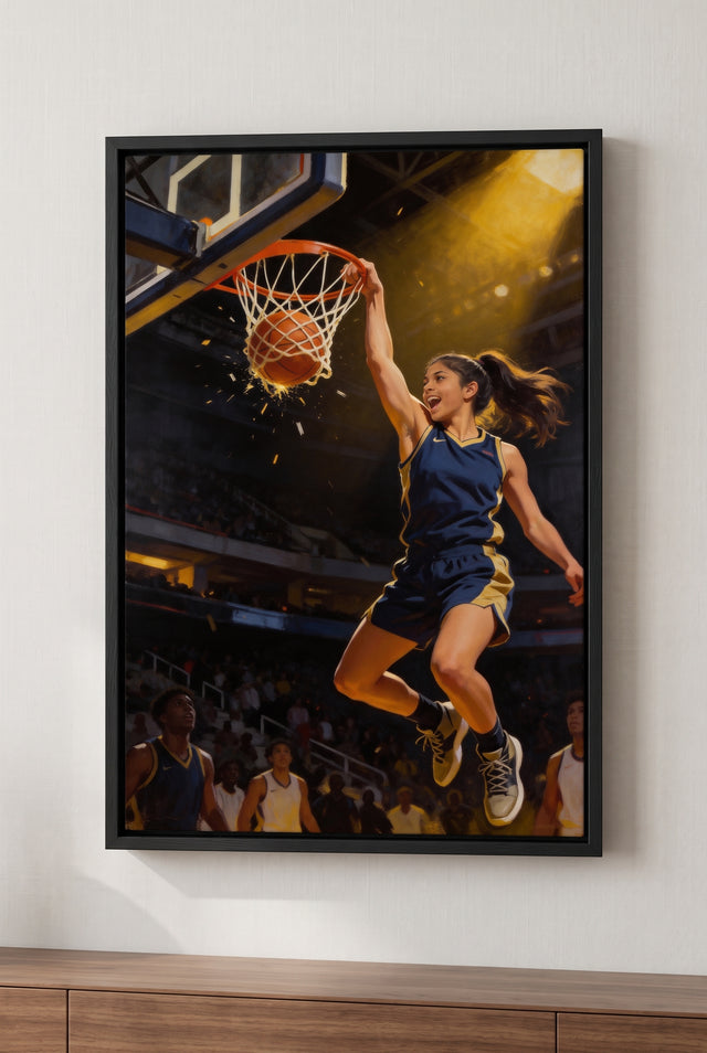 Basketball Slam Dunk Portrait floater-framed canvas on the wall