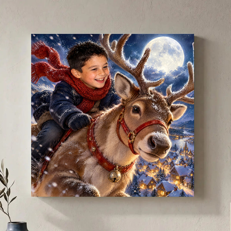 Reindeer Night Flight portrait as a canvas on the wall