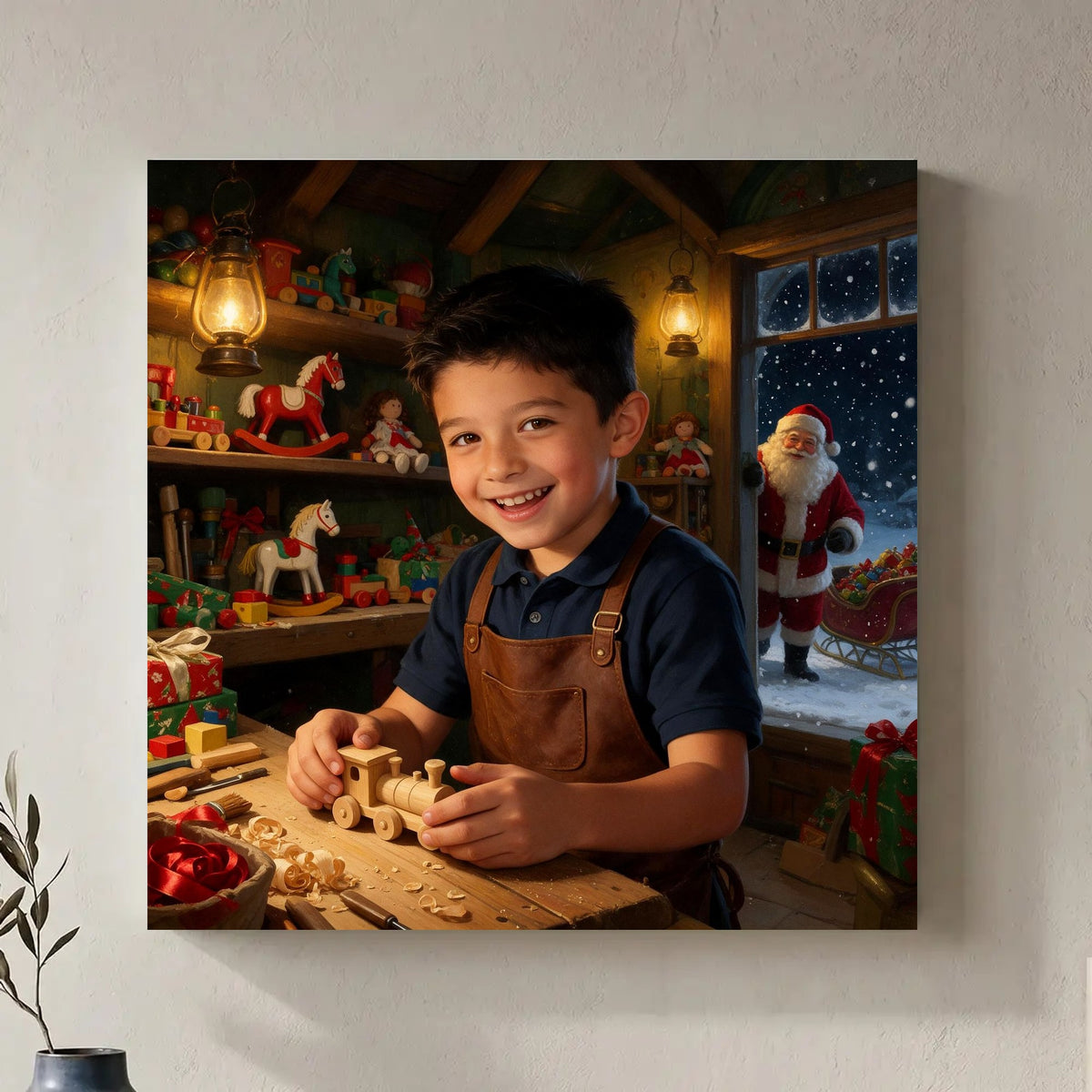 Santa's Workshop Helper portrait as a canvas on the wall